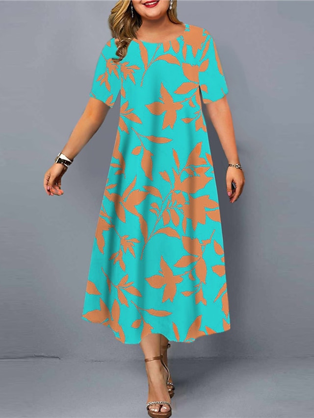 Womens Clothing Plus Size Collection | Womens Plus Size Shift Dress Leaf Round Neck Short Sleeve Spring Summer Casual Maxi long 