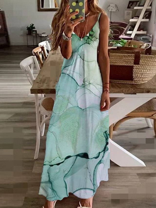 Womens Clothing Womens Dresses | Womens A Line Dress Maxi long Dress Green Short Sleeve Floral Print Spring Summer Spaghetti Str