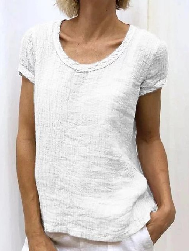  Жен. Рубашка Блуза Лён Полотняное плетение Повседневные Белый С короткими рукавами Классический Круглый вырез