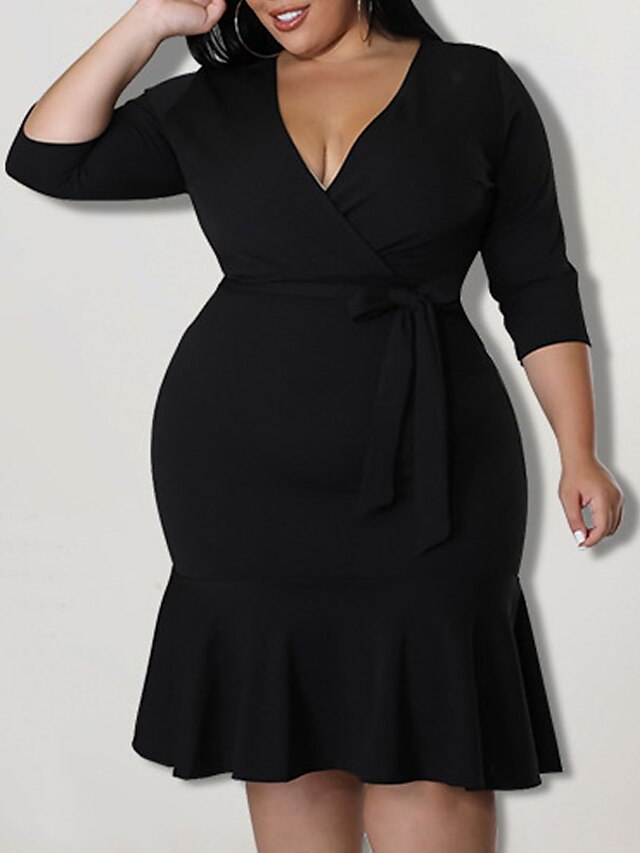 Womens Clothing Plus Size Collection | Womens Plus Size Sheath Dress Solid Color V Neck Half Sleeve Spring Summer Work Knee Leng