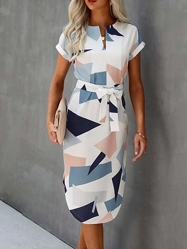 Womens Clothing Womens Dresses | Womens Sheath Dress Knee Length Dress White Short Sleeve Geometric Split Patchwork With Belt Su