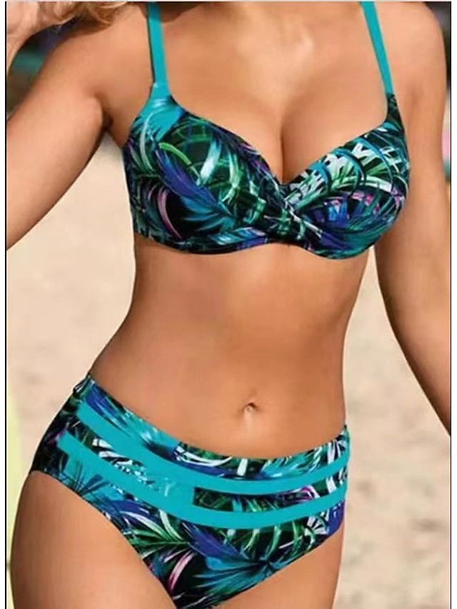 Womens Clothing Womens Swimwear | Womens Swimwear Bikini 2 Piece Plus Size Swimsuit Open Back Printing Leaves Green Camisole Str