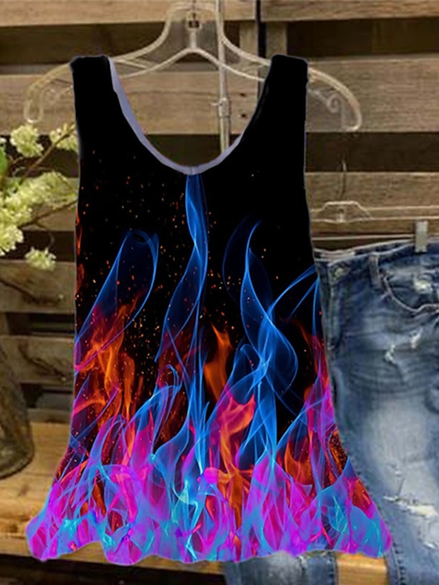 Womens Clothing Plus Size Collection | Womens Plus Size Tops Tank Top Color Gradient Flame Print Sleeveless V Neck Streetwear Da