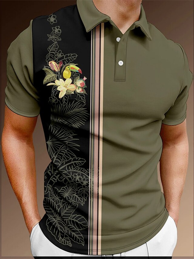  Homme POLO T Shirt golf Floral Col rabattu Vert foncé Print Plein Air du quotidien Manche Courte Bouton bas Imprimer Vêtement Tenue Mode Casual Respirable Confortable