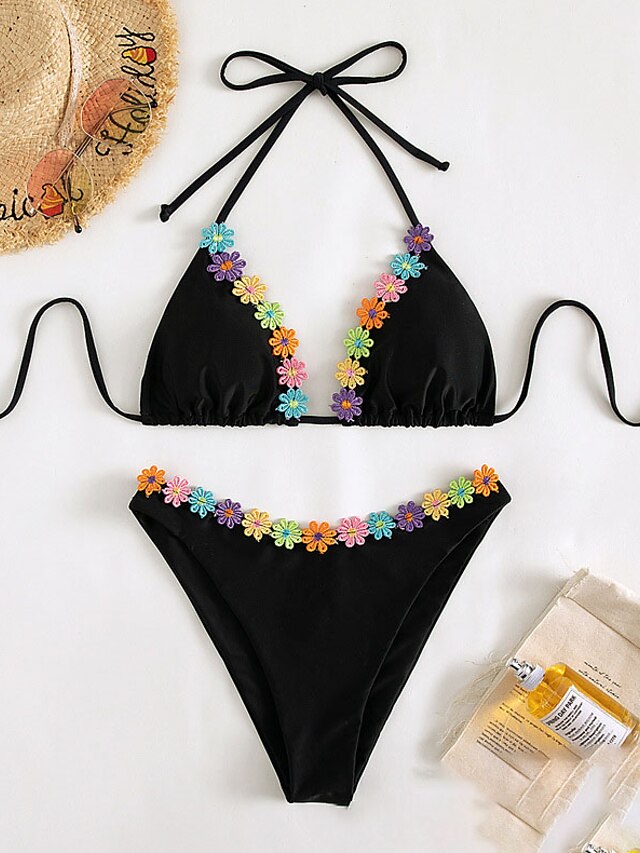 Womens Clothing Womens Swimwear | Womens Swimwear Bikini 2 Piece Normal Swimsuit Backless string Flower Black Halter V Wire Bath