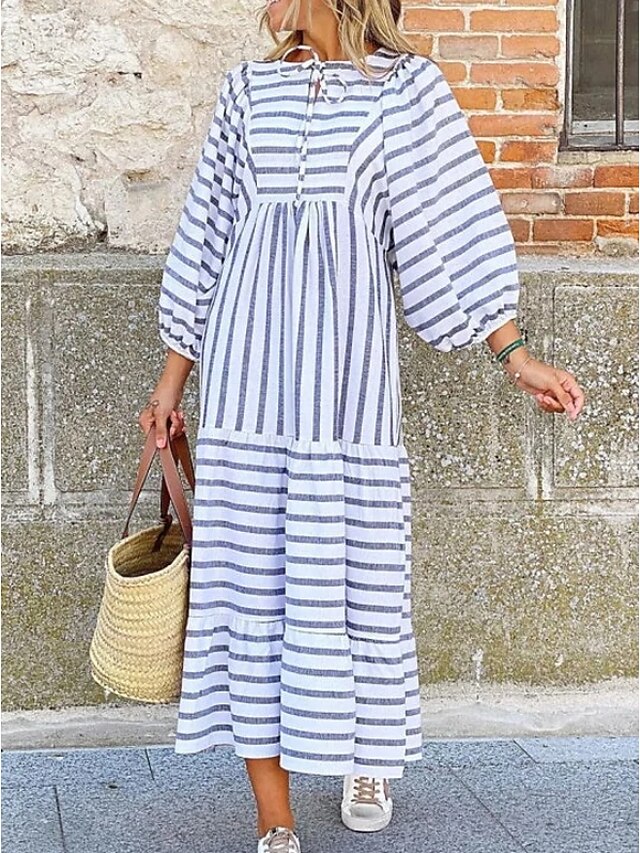 Womens Clothing Womens Dresses | Womens A Line Dress Maxi long Dress White Long Sleeve Striped Ruched Print Spring Summer V Neck