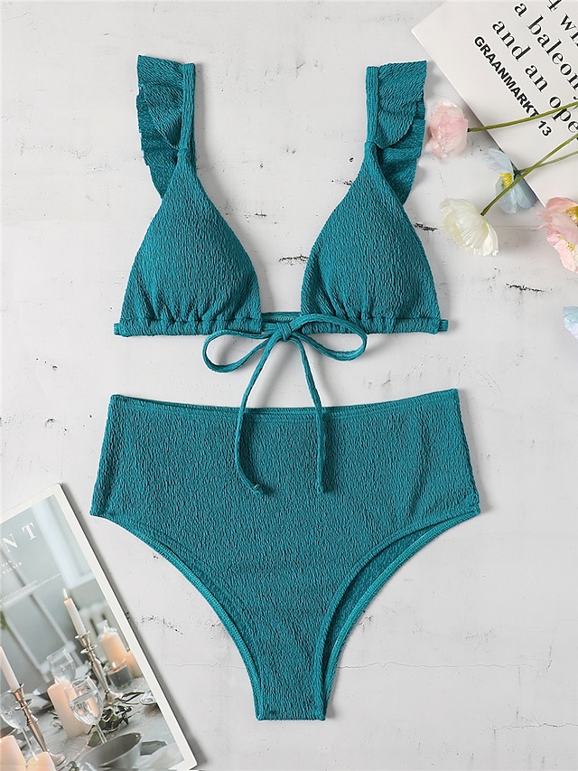 Womens Clothing Womens Swimwear | Womens Swimwear Bikini 2 Piece Normal Swimsuit Ruffle Open Back Pure Color Blue V Wire Bathing