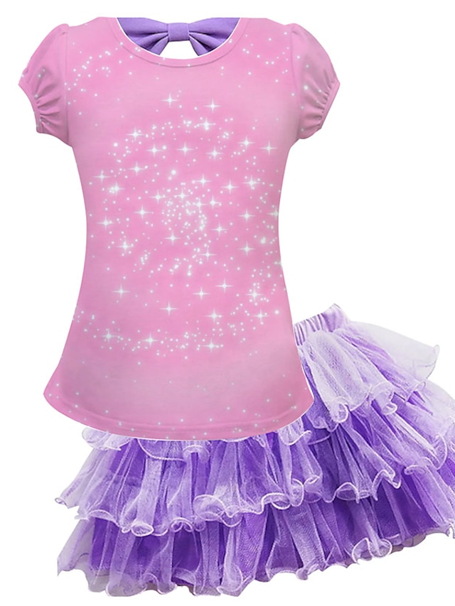 Baby & Kids Girls Clothing | Kids Girls T-shirt & Skirt Skirt Set Clothing Set 2 Pieces Short Sleeve Pink Star Mesh Bow Print St