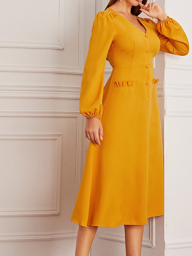 Womens Clothing Womens Dresses | Womens A Line Dress Midi Dress Yellow Long Sleeve Pure Color Ruffle Button Spring Summer V Neck