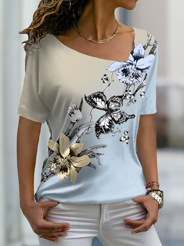  Dame T-shirt Lyseblå Blomstret Sommerfugl Trykt mønster Kortærmet Afslappet Weekend Basale V-hals Normal Blomster Tema Sommerfugl Maleri S / 3D-udskrivning