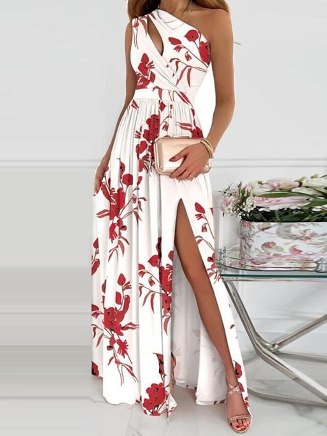 Womens Clothing Womens Dresses | Womens A Line Dress Maxi long Dress White Sleeveless Floral Ruched Print Spring Summer One Shou