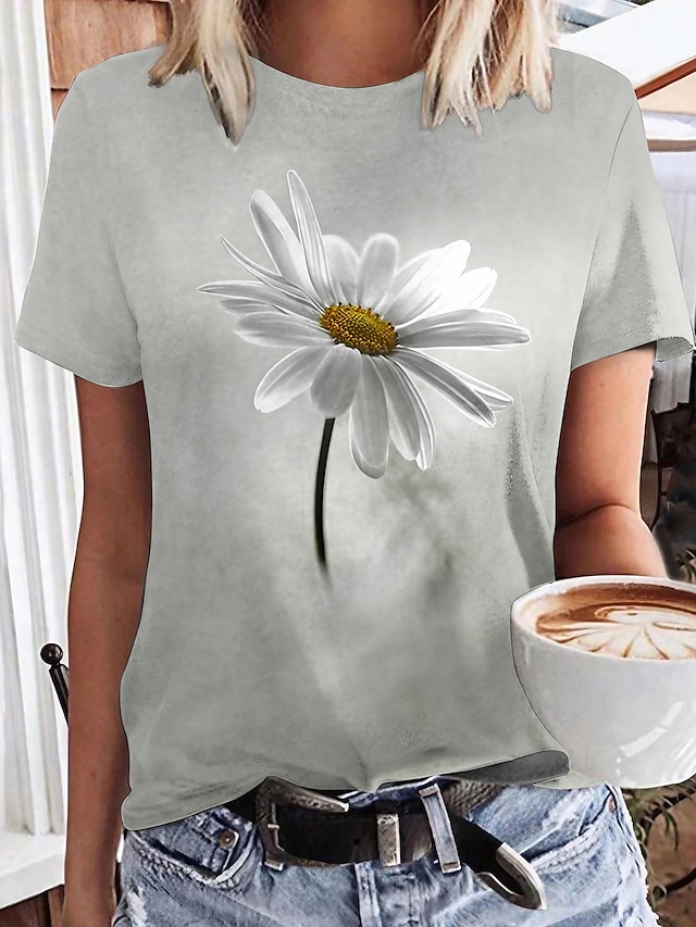  Women's T shirt Tee Black Gray Print Floral Casual Holiday Short Sleeve Round Neck Basic Regular Floral Painting S