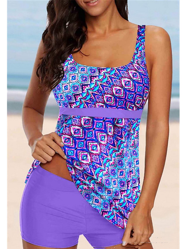 Womens Clothing Womens Swimwear | Womens Swimwear Tankini 2 Piece Plus Size Swimsuit Open Back Printing Geometric Purple Camisol