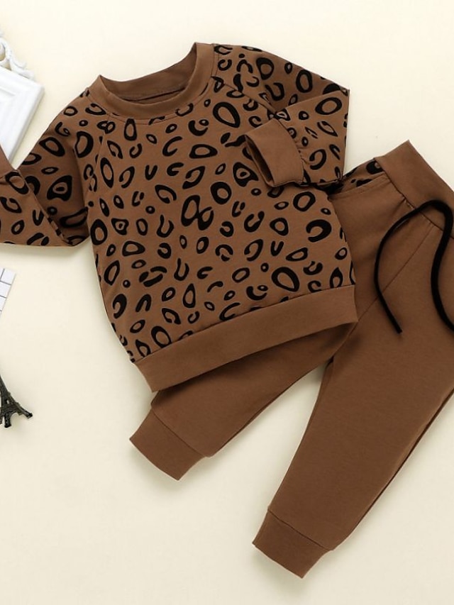 Baby & Kids Girls Clothing | Kids Girls Hoodie & Pants Clothing Set 2 Pieces Long Sleeve Brown Leopard Print Street Outdoor Acti