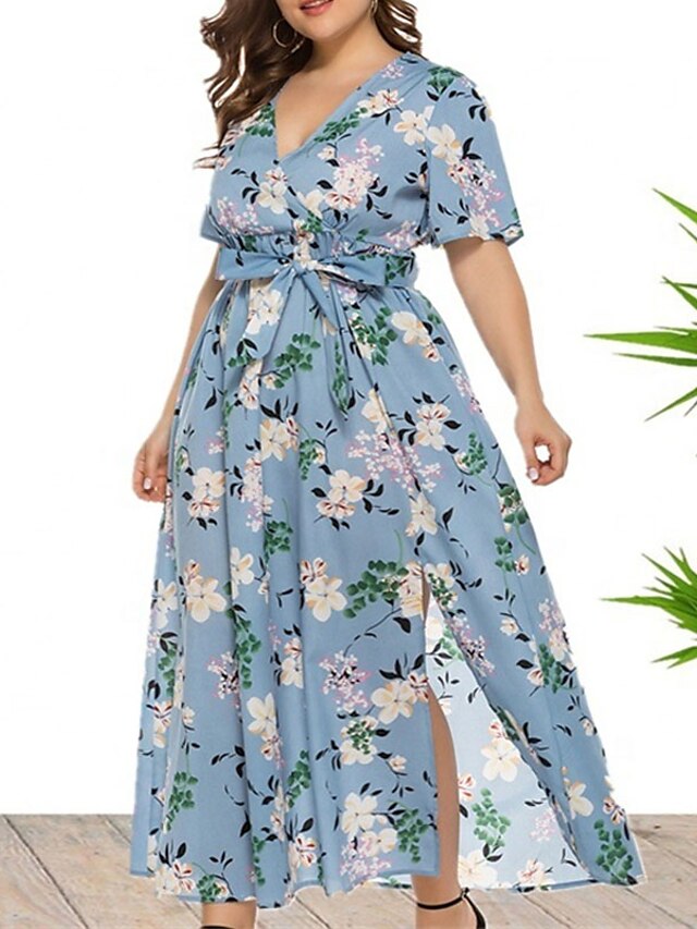 Womens Clothing Plus Size Collection | Womens Plus Size A Line Dress Floral V Neck Split Short Sleeve Spring Summer Casual Maxi 