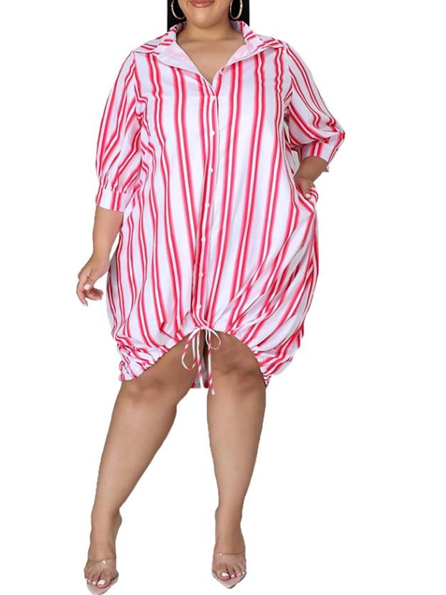 Womens Clothing Plus Size Collection | Womens Plus Size Shirt Dress Striped V Neck 3/4 Length Sleeve Fall Summer Basic Casual Sh