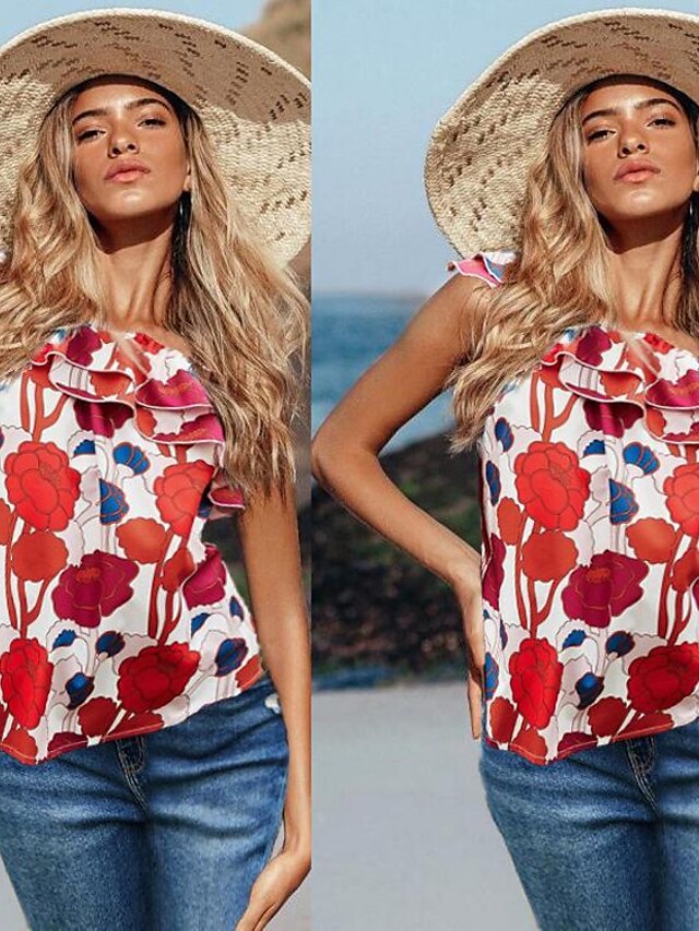  Women's T shirt Tee Blue white red Floral Ruffle Sleeveless Casual Going out One-Shoulder Sexy Beach One Shoulder Regular S / Halter Neck