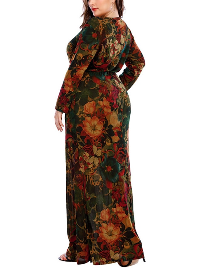 Womens Clothing Plus Size Collection | Womens Plus Size Sheath Dress Floral Round Neck Long Sleeve Spring Summer Casual Maxi lon