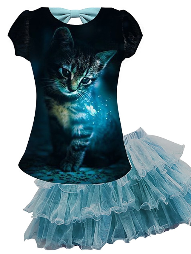 Baby & Kids Girls Clothing | Kids Girls T-shirt & Skirt Skirt Set Clothing Set 2 Pieces Short Sleeve Blue Cat Animal Mesh Bow Pr