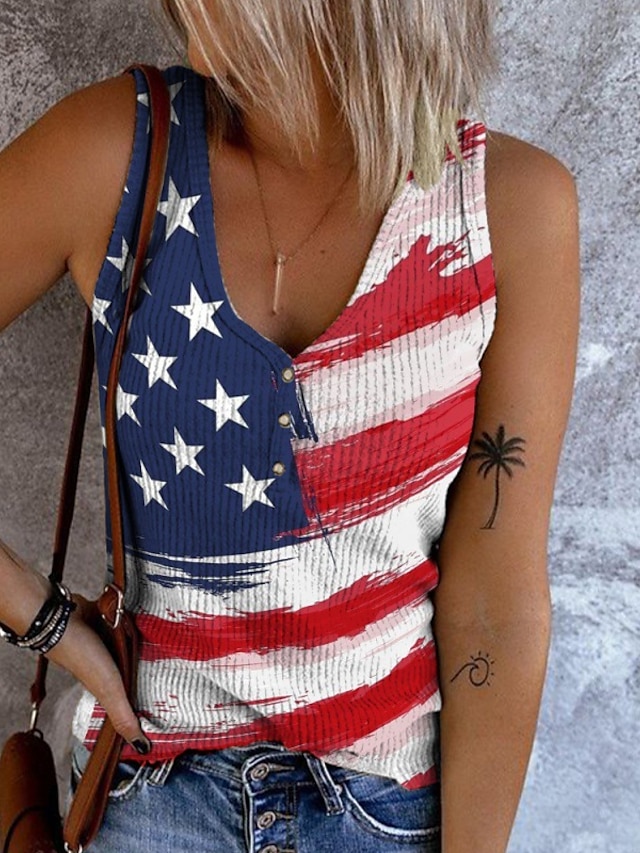  Dame Singleter Camis Blå Gul Kakifarget Geometrisk Amerikansk flagg Knapp Trykt mønster Ermeløs Ferie Helg Gatemote Fritid V-hals Normal S / 3D-utskrift