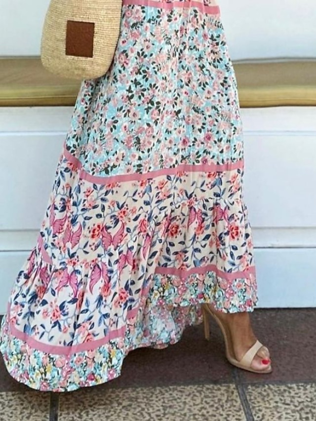 Women's Bohemia Floral V Neck Long Dress Maxi Dress Pink Short Sleeve ...