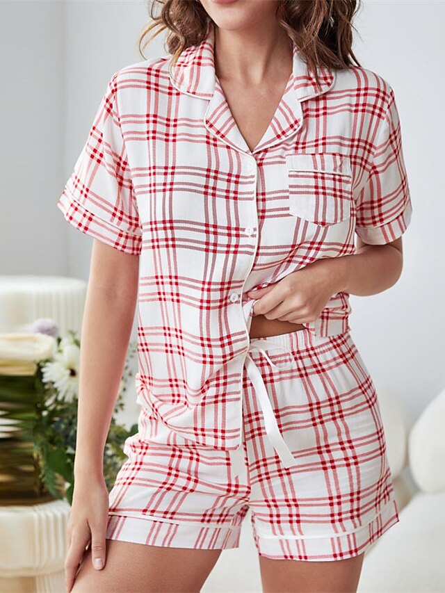 Womens Clothing Womens Sleep & Lounge | Womens Loungewear Sets Grid / Plaid Comfort Home Daily Rayon Lapel Short Sleeve Shorts P