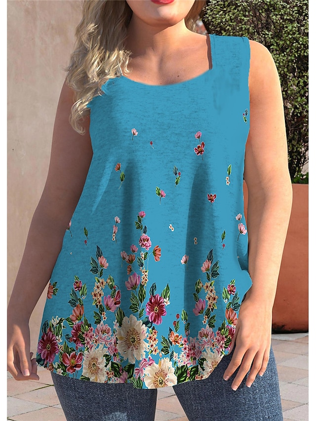 Womens Clothing Plus Size Collection | Womens Plus Size Tops Tank Top Floral Print Sleeveless Strap Streetwear Preppy Daily Goin