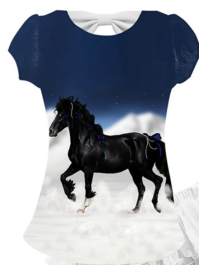 Baby & Kids Girls Clothing | Kids Girls T-shirt & Skirt Skirt Set Clothing Set 2 Pieces Short Sleeve White Blue Horse Animal Mes