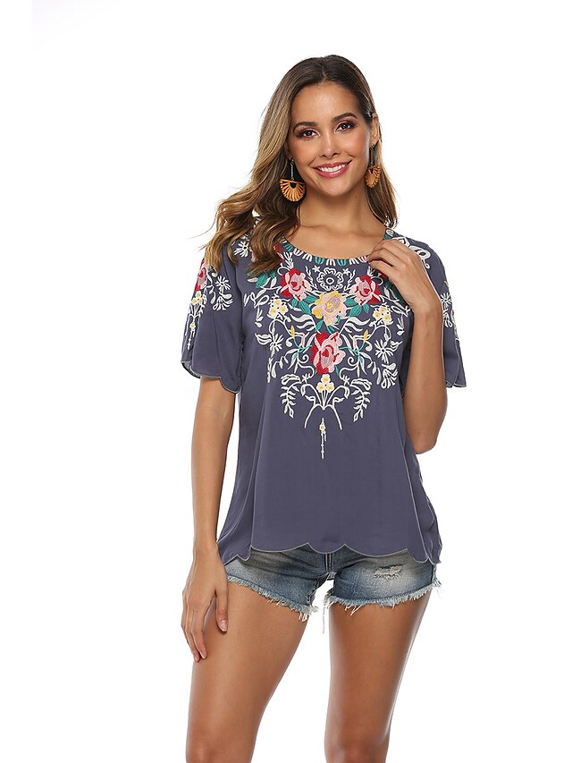 Womens Clothing Womens Tops | Womens Floral Casual Holiday Weekend Floral Painting T shirt Tee Short Sleeve Print Round Neck Bas