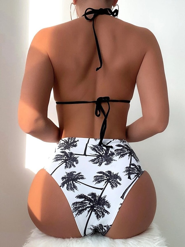 Womens Clothing Womens Swimwear | Womens Swimwear Bikini 2 Piece Normal Swimsuit Backless Printing High Waisted Hole Tree White 