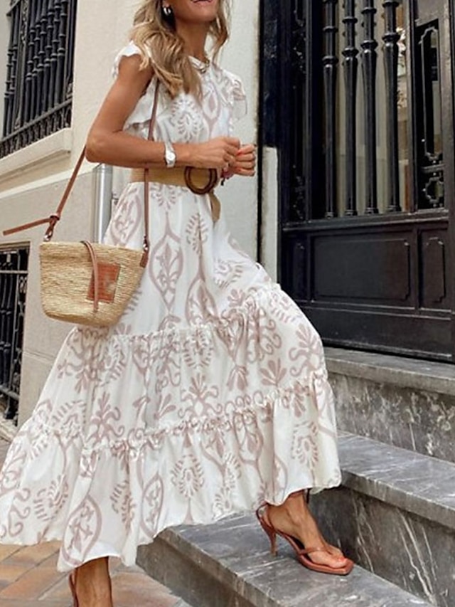 Womens Clothing Womens Dresses | Womens A Line Dress Maxi long Dress White Short Sleeve Floral Ruffle Print Spring Summer Crew N