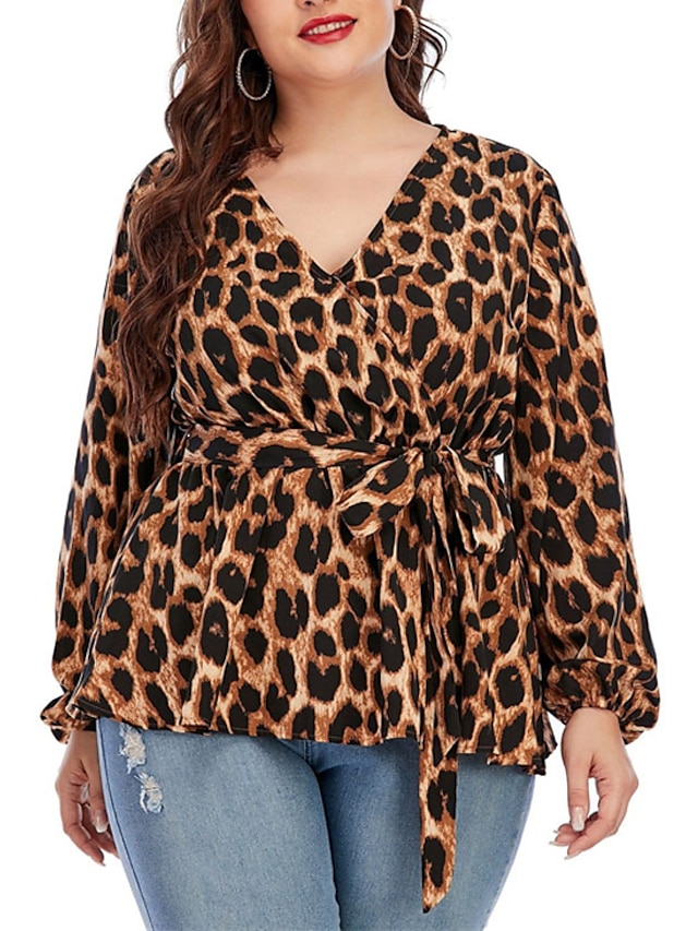 Womens Clothing Plus Size Collection | Womens Plus Size Tops Blouse Shirt Leopard Lace up Print Long Sleeve V Neck Sexy Streetwe