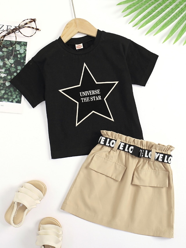 Baby & Kids Girls Clothing | Kids Girls T-shirt & Skirt Clothing Set 2 Pieces Short Sleeve Black Letter Ruched Print Street Outd