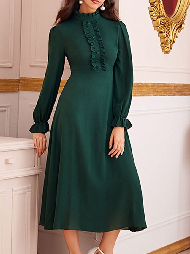 Womens Clothing Womens Dresses | Womens A Line Dress Midi Dress Green Long Sleeve Pure Color Ruffle Spring Summer High Neck Work