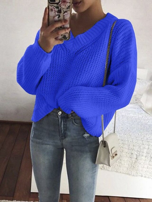 Womens Clothing Sweaters & Cardigans | Womens Pullover Sweater Jumper crochet waffle Knit Knitted Pure Color V Neck Stylish Casu