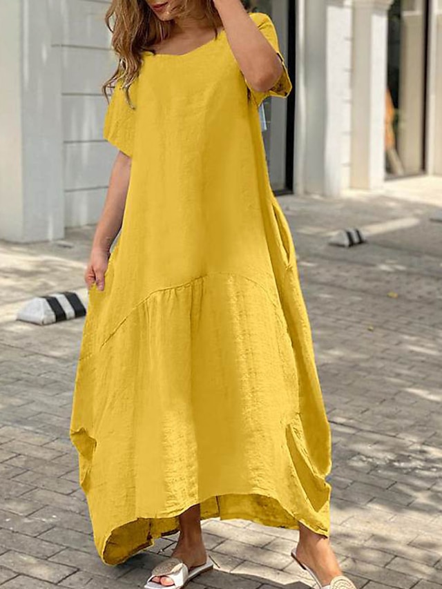 Womens Clothing Womens Dresses | Womens A Line Dress Maxi long Dress White Black Pink Yellow Short Sleeve Pure Color Pocket Spri