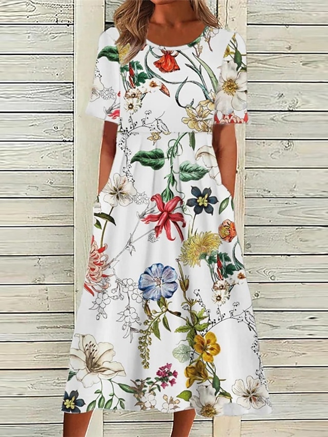 Womens Clothing Womens Dresses | Womens Shift Dress Midi Dress White Short Sleeve Floral Pocket Print Spring Summer Round Neck S