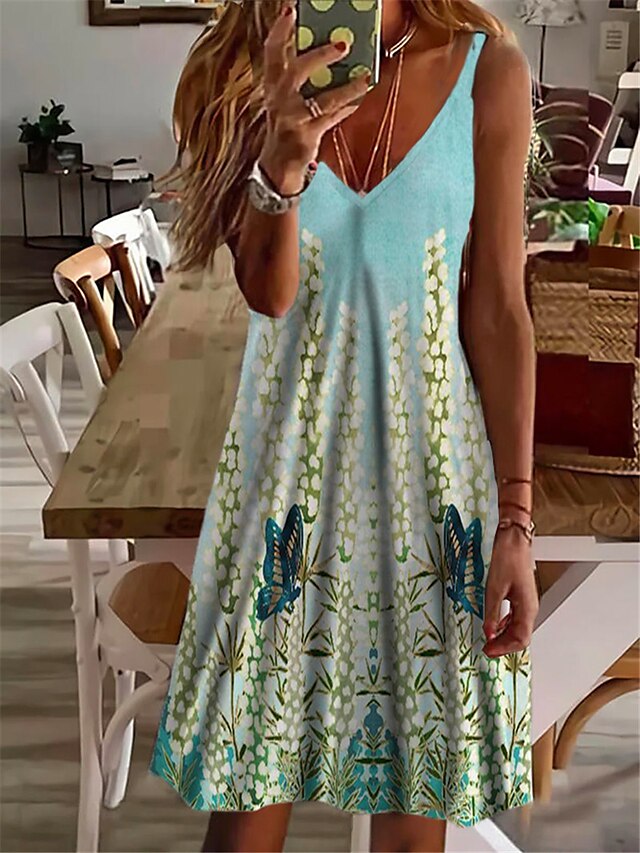 Womens Clothing Womens Dresses | Womens Shift Dress Short Mini Dress Green Purple Sleeveless Floral Print Spring Summer Spaghett