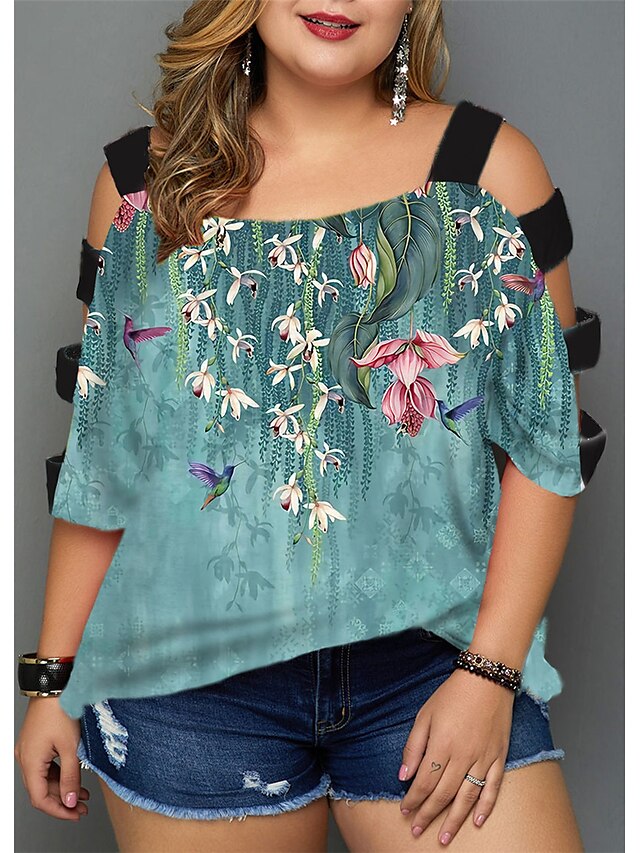 Womens Clothing Plus Size Collection | Womens Plus Size Tops Blouse Shirt Floral Cut Out Print Half Sleeve V Neck Streetwear Dai