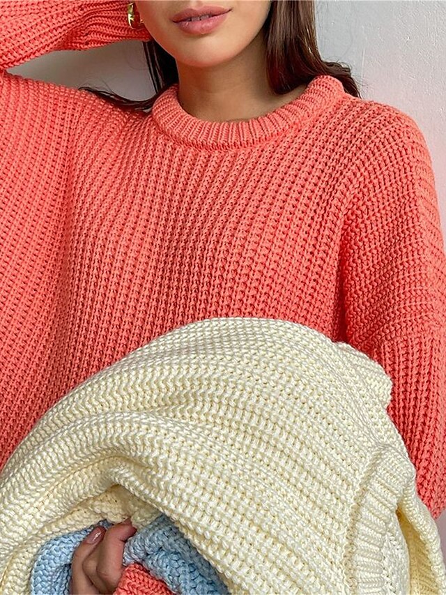 Womens Clothing Sweaters & Cardigans | Womens Pullover Sweater Jumper Ribbed crochet Knit Knitted Pure Color Crew Neck Stylish C