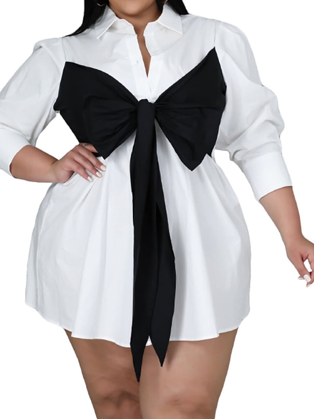 Womens Clothing Plus Size Collection | Womens Plus Size Shirt Dress Color Block Shirt Collar Bow Long Sleeve Spring Summer Casua