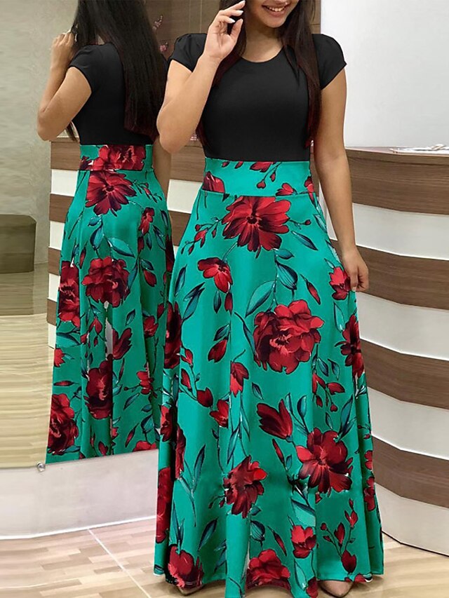 Womens Clothing Womens Dresses | Womens A Line Dress Maxi long Dress Black And White Green Pink Red Short Sleeve Floral Polka Do