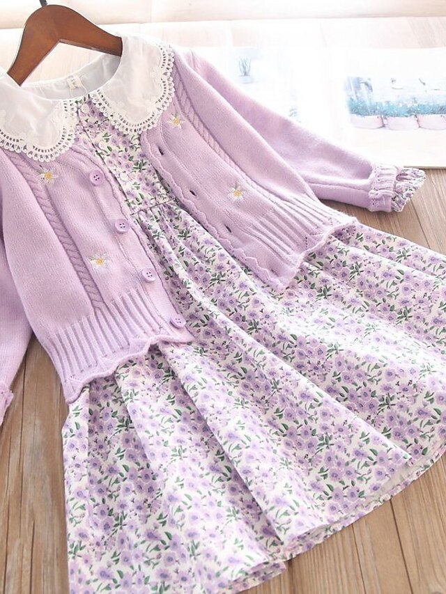 Baby & Kids Girls Clothing | Kids Girls Dress Set Clothing Set 2 Pieces Long Sleeve Purple Pink Floral Print Ruched Print School