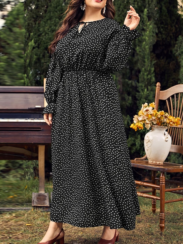 Womens Clothing Plus Size Collection | Womens Plus Size A Line Dress Polka Dot Round Neck Print Long Sleeve Spring Summer Casual