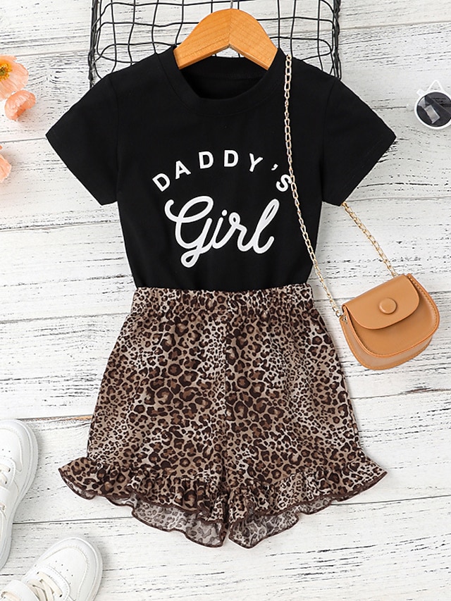 Baby & Kids Girls Clothing | Kids Girls T-shirt & Skirt Clothing Set 2 Pieces Short Sleeve Black Brown Leopard Letter Print Stre