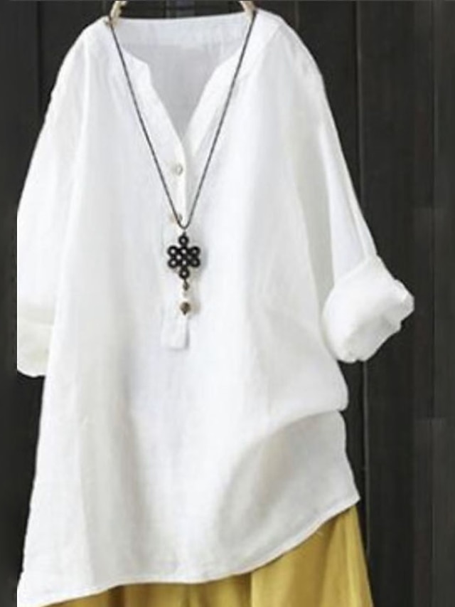  Women's Plus Size Tops Blouse Shirt Plain Button Long Sleeve V Neck Streetwear Daily Weekend Polyester Fall Winter White Black