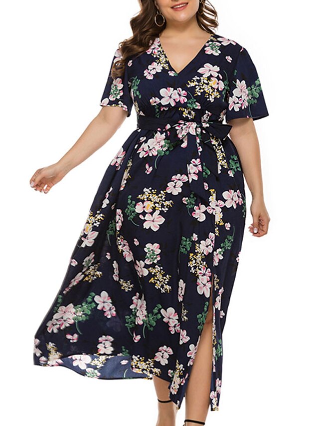 Womens Clothing Plus Size Collection | Womens Plus Size A Line Dress Floral V Neck Split Short Sleeve Spring Summer Casual Maxi 