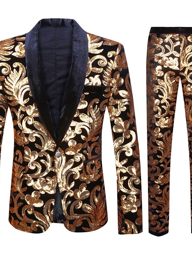 Gold Men's Party Prom Disco Sparkly Sequin Tuxedos 2 Piece Sequin Shawl ...