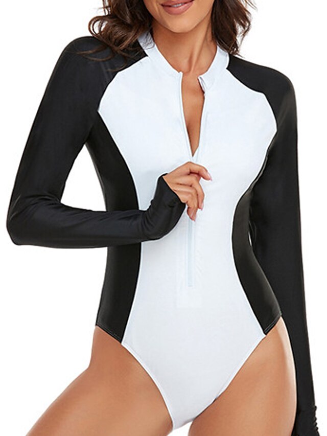 Womens Clothing Womens Swimwear | Womens Swimwear Rash Guard Diving Normal Swimsuit Zipper Splice High Waisted Color Block White