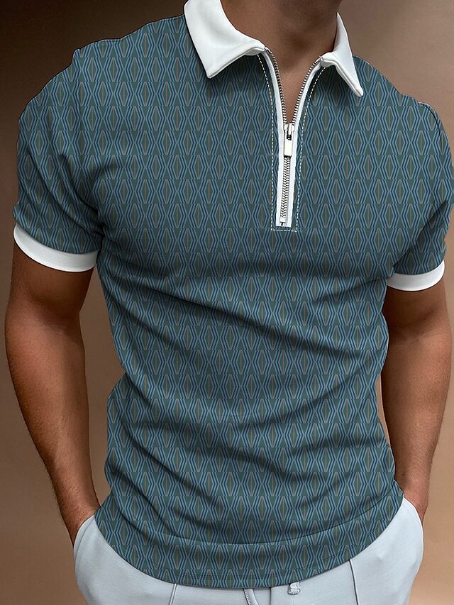  Men's Collar Polo Shirt Golf Shirt T shirt Tee Geometry Collar Street Daily Zipper Print Short Sleeve Regular Fit Tops Sportswear Casual Fashion Comfortable Green Black Gray / Summer